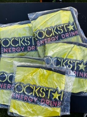 5 Rockstar Energy Drink Yellow & Black Beach Balls & 1 Banner